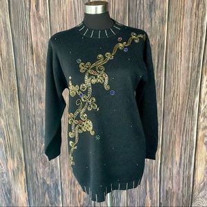 VINTAGE 90's KORET PETITES Black Tunic Sweater w Gold Beading & Jewels